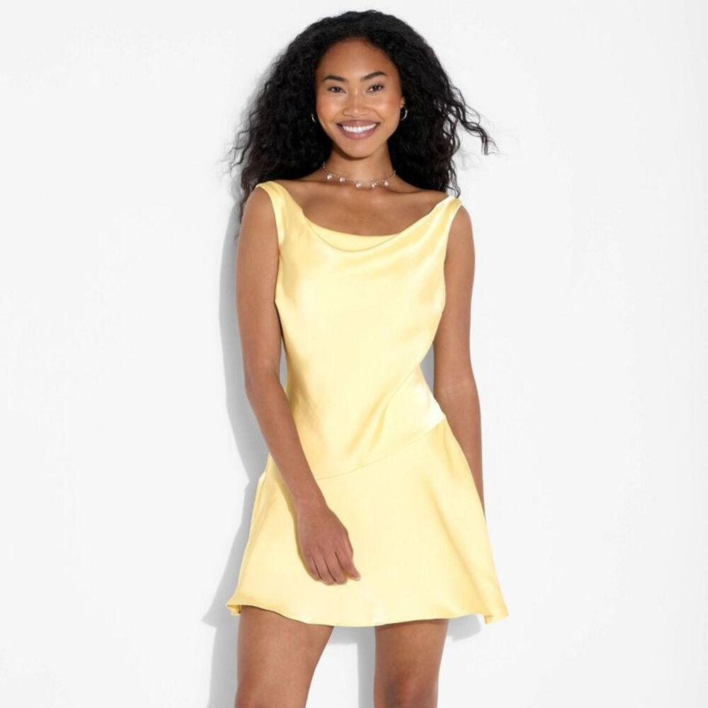 Satin Cowl Neck Mini Dress - Yellow